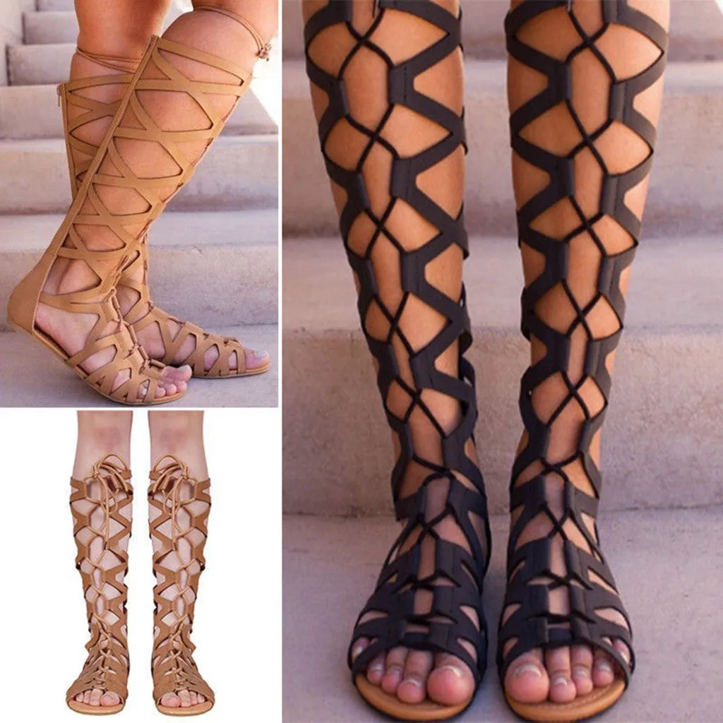 Сандалии; летние женские модные повседневные сапоги до колена из искусственной кожи на плоской подошве; обувь в римском стиле; женские мягкие пляжные туфли; D9