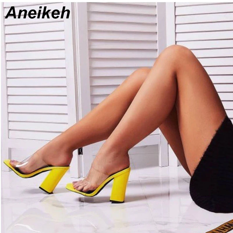 

Aneikeh 2019 PVC Fashion Sexy Transparent New Slippers Wild Wear Shallow Mouth Open Toe Square With High Heel Women's Slippers