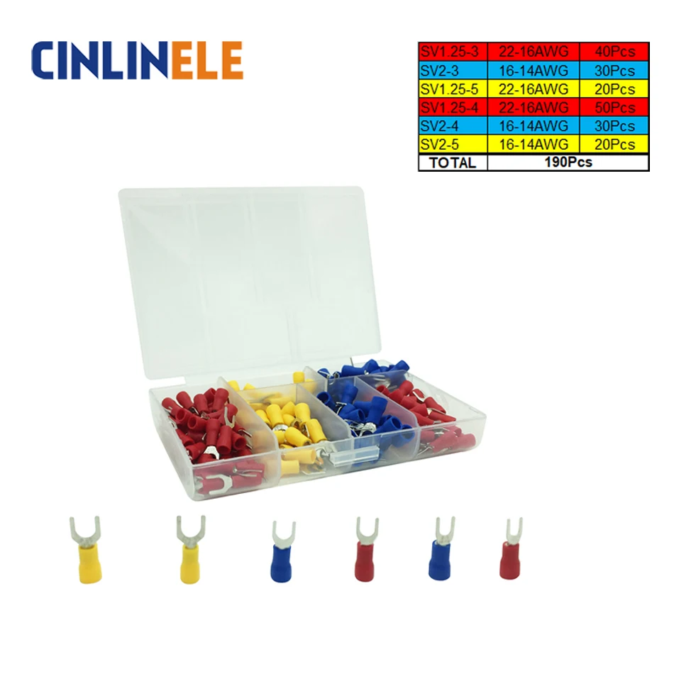 

190pcs/lot 6-different Crimp Terminal Fork Spade connector kit set Wire Copper Crimp Connector Insulated Cord Pin End Terminal