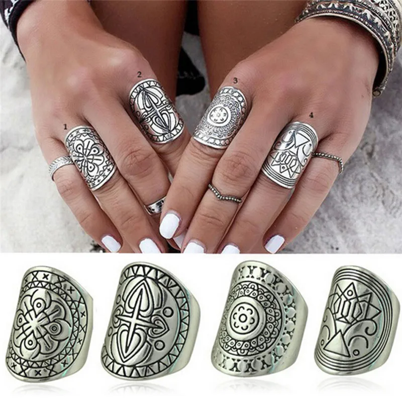 

HWetR 4Pcs Bohemia Silver Plated Rings Unique Carving Tibetan Vintage Jewelry Ring Set Punk Boho Party Decor for Woman