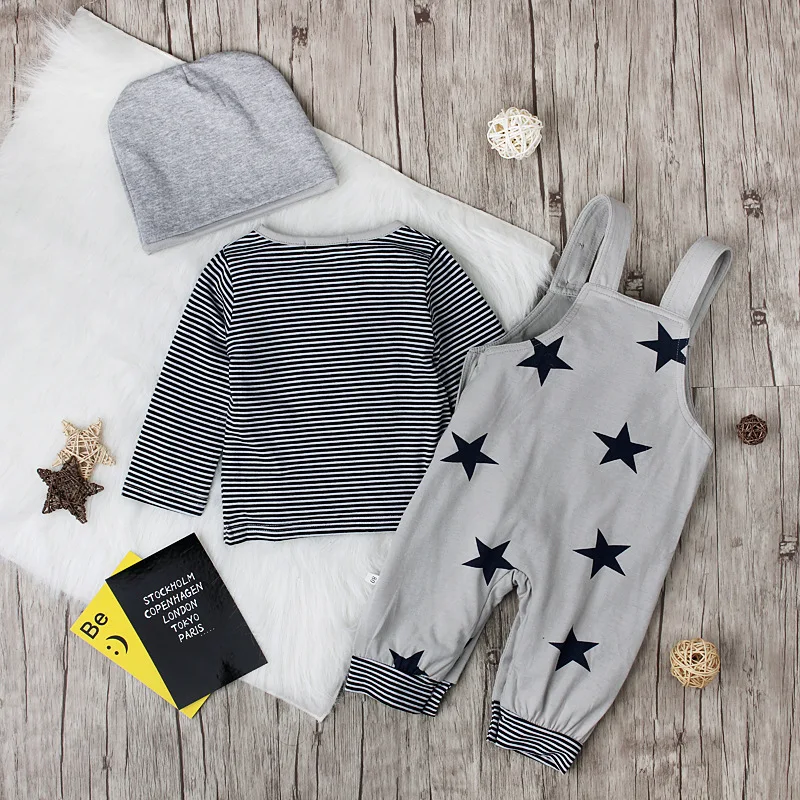 Милый комплект из 3 предметов, Одежда для новорожденных мальчиков топы в полоску для малышей, футболка+ штаны, леггинсы, комплект одежды, подтяжки со звездами