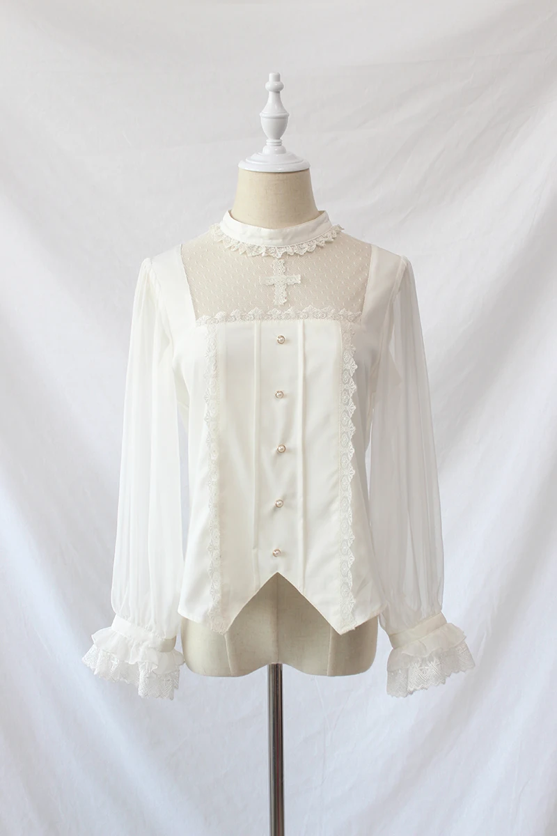 Готическая Женская белая/черная блузка с вышивкой крест с длинным рукавом Иллюзия шеи Блузка от Alice Girl предзаказ