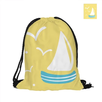 

Cartoon Sailboat Printed Drawstring Backpack Double Sided Printing Polyester Pouch Backpacks For Travel And School