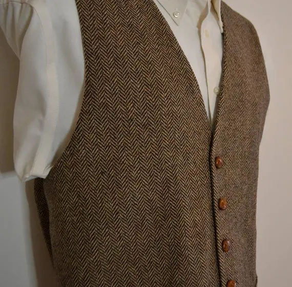 Brown tweed Vests Wool Herringbone British style custom made Mens vest