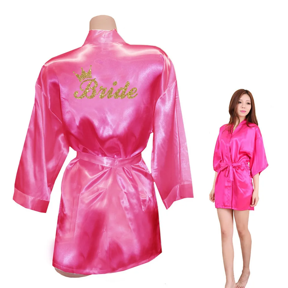 Bride Crown Team Bride Golden Glitter Print Kimono Robes Faux Silk Women Bachelorette Wedding Preparewear