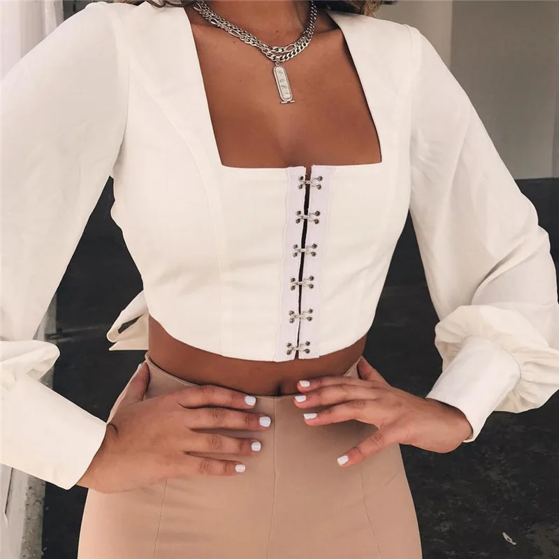 Mujeres Moda Negro wine Verano Red Open Recortado Lantern Tops blanco azul Camisas Ursohot Cuello Blanco Manga Vendaje 2018 Back Cuadrado Blusa Streetwear rojo d0TwCBq1x