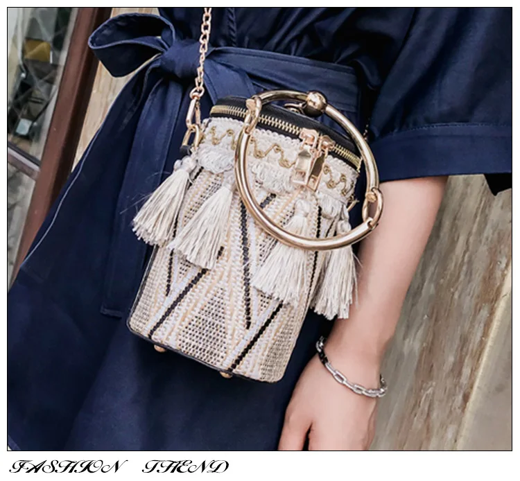 Модные Плетеные ручные круглые сумки через плечо для женщин, дизайнерские сумки, ретро металлические кольца, ручные сумки на цепочке, сумка через плечо