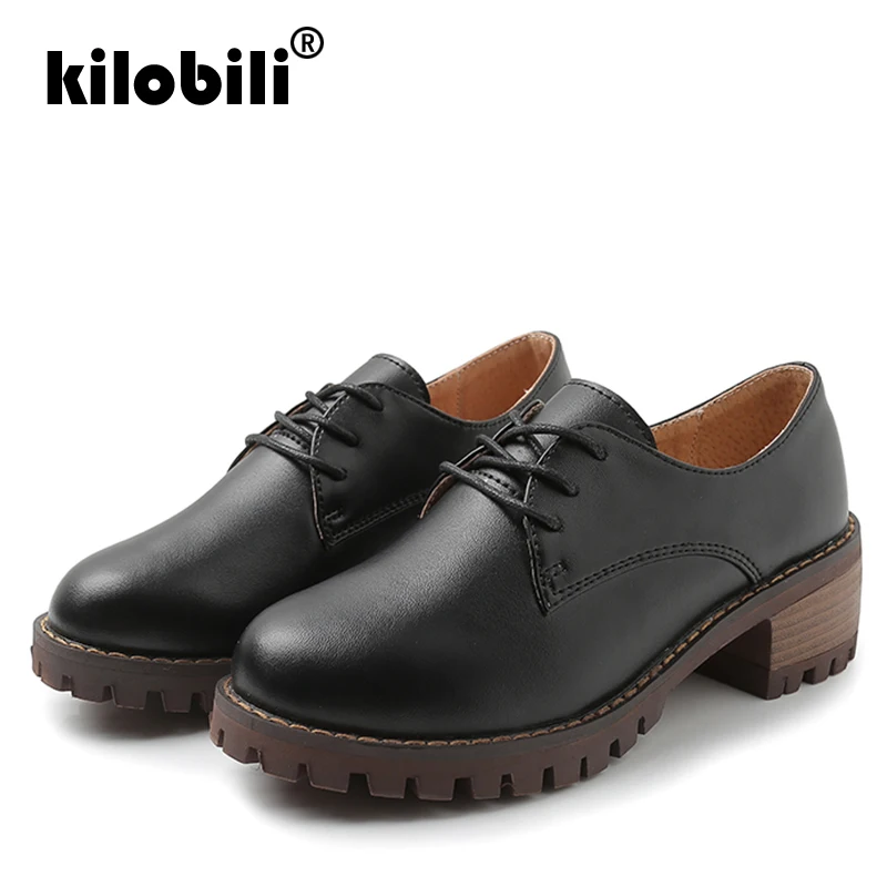 Kilobili 2019 Весна Для женщин Туфли оксфорды Обувь на среднем каблуке из натуральной