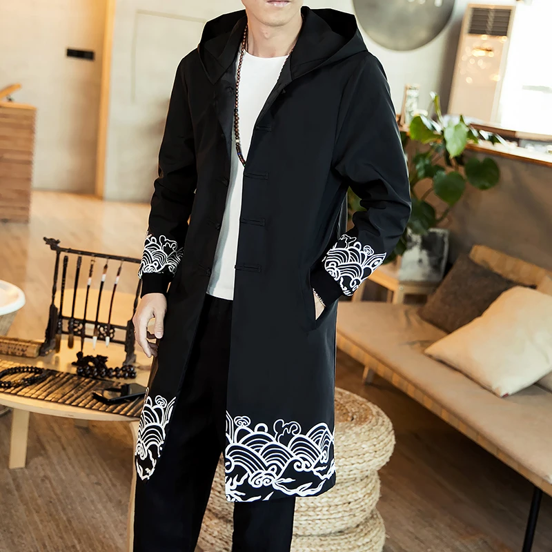 Chinese Mens Trench Coat Spring New Long Casual Overcoat Spray Print Hooded Male Big Size Trench Coat Windproof Homme Chinese Mens Trench Coat Spring New Long Casual Overcoat Spray Print Hooded Male Big Size Trench Coat Windproof Homme