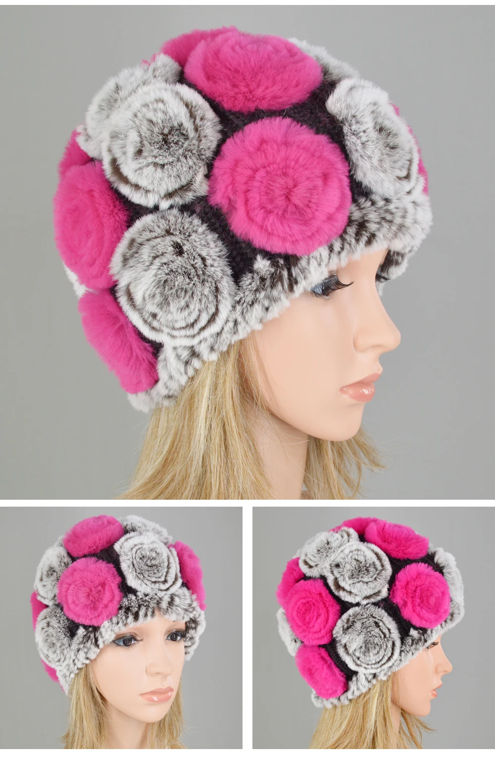 Лидер продаж зима Для женщин Knitted100 % натурального меха кролика Rex шляпы с рисунком DIY женский помпон из натурального меха шапки вязать