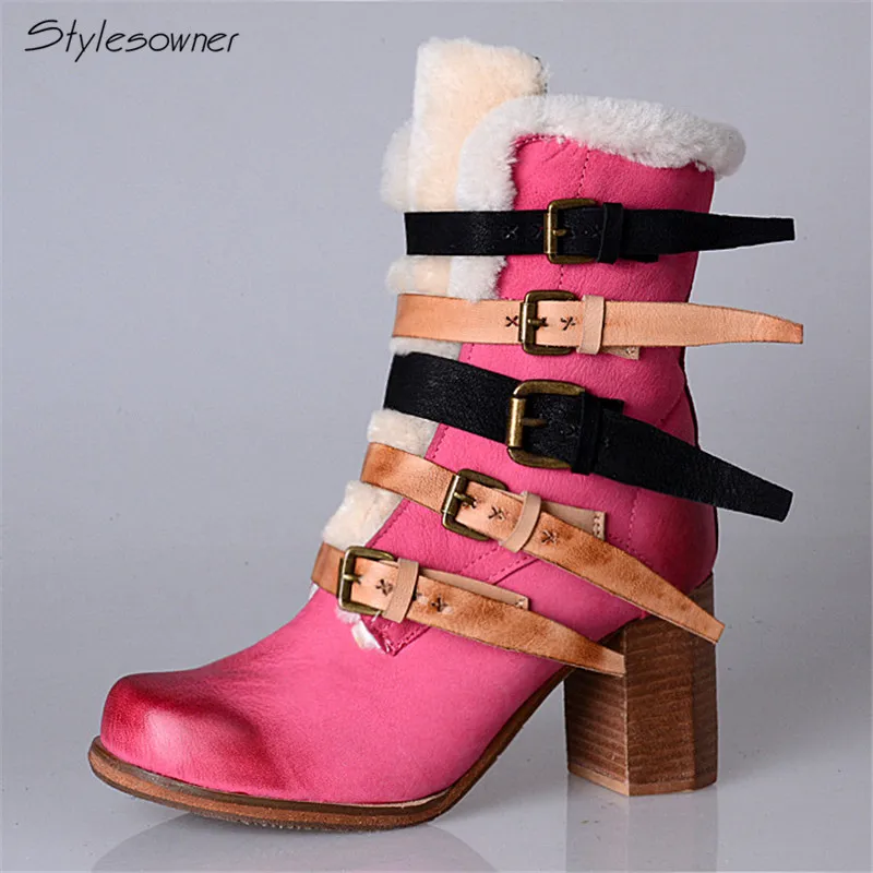 

Stylesowner England Style Mixed Colors Buckle Women Natural Leather Ankle Boots Warm Wool Fur Thick Heels Fashion Winter Boots