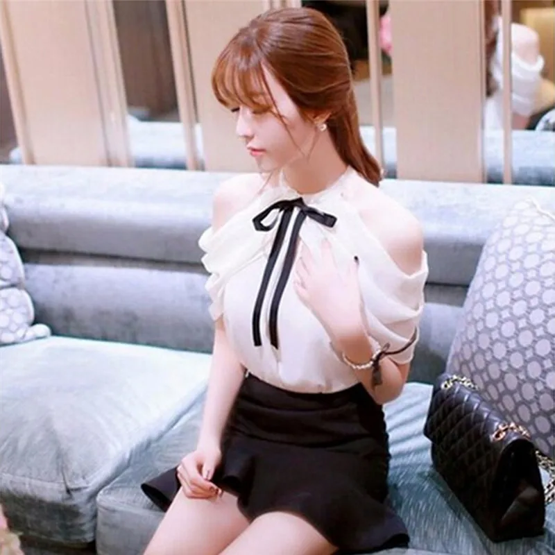 

Blouses Halter Neck Bowknots Shirts Elegant Women Sexy Off Shoulder Summer Casual Slim Chiffon Tops