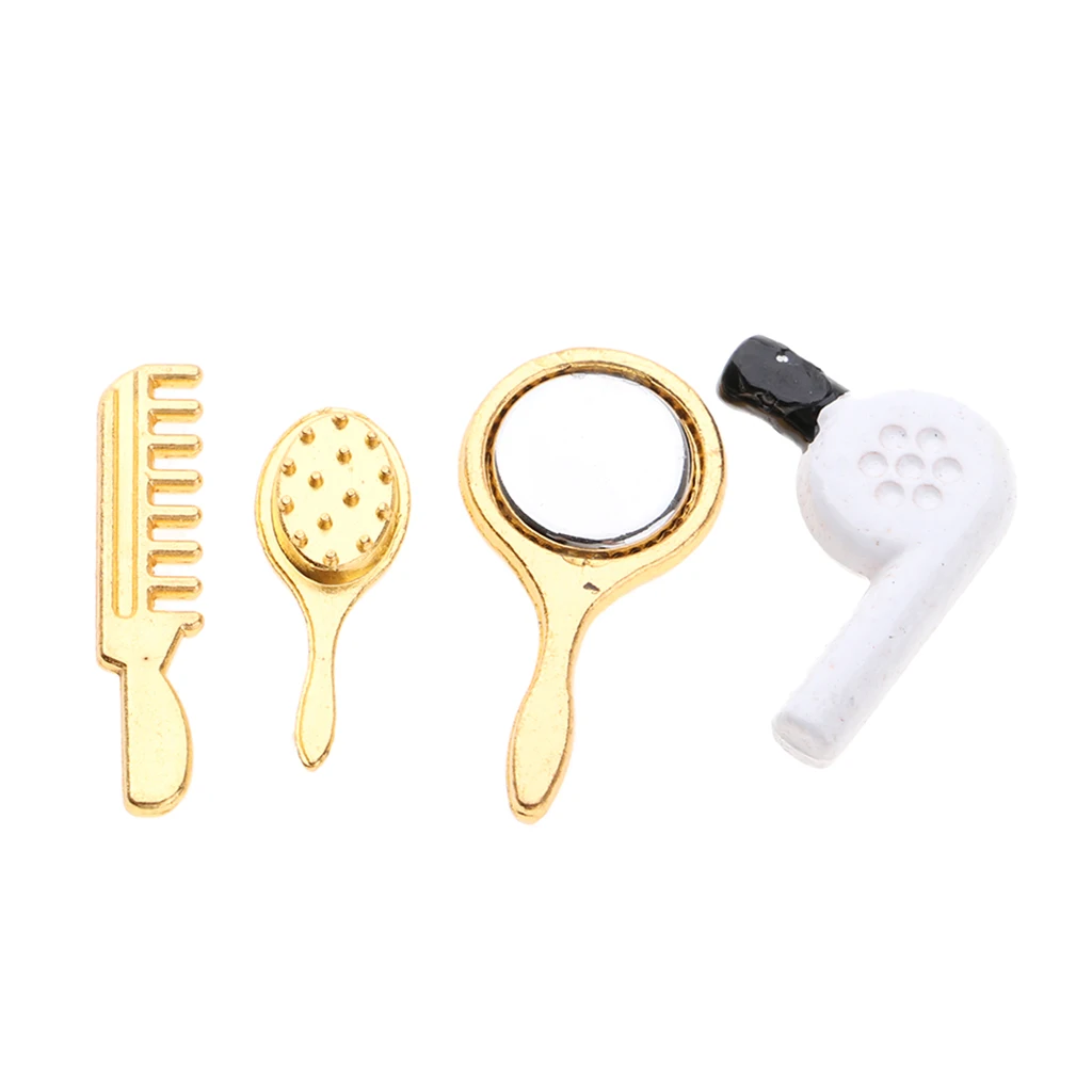4 pcs Bathroom Accessory Comb Hair Dryer Mirror Model for 1/12 Dollhouse Miniature Practical Set Model Kids Pretend Play Toys