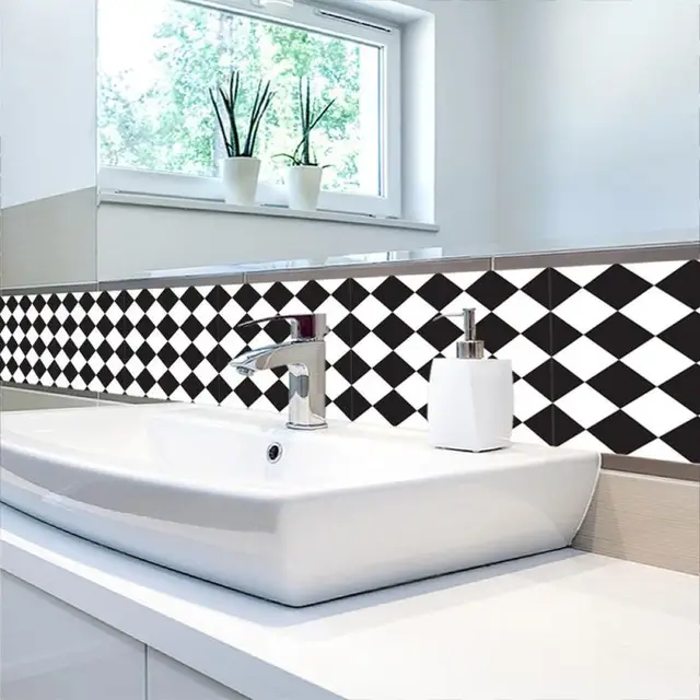 Schwarz und Weiß Klassische Retro Fliesen Aufkleber PVC Badezimmer ... Schwarz und Weiß Klassische Retro Fliesen Aufkleber PVC Badezimmer ...