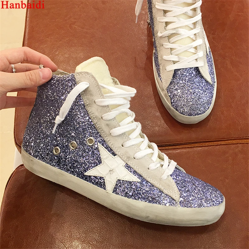

Hanbaidi Women Casual Shoes High Top Do Old Dirty Shoes Mixed Color Women Sequins Golden Star Fleeces Shoes for Lady Shoes Women