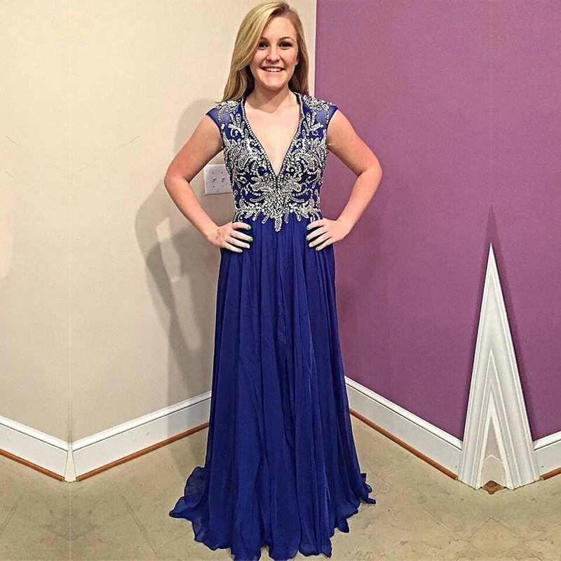 2017 A line V neck Backless Beading Crystal vestidos de formatura Long