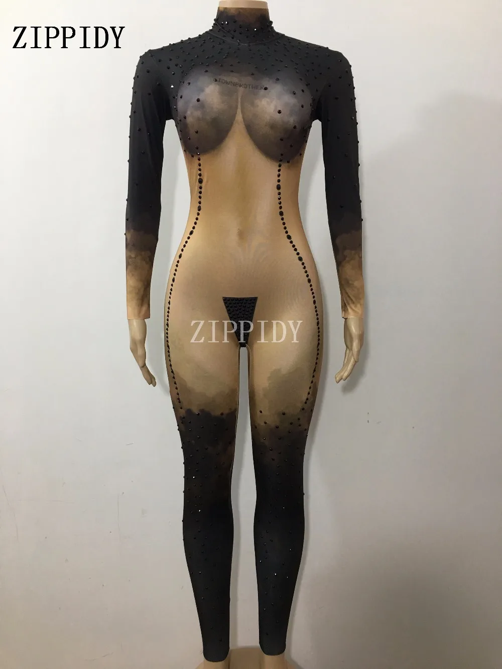 Fashion Bright Black Crystals Nude Jumpsuit Stretch Skinny Women's Dance Costume Prom Party Show Nightclub Singer Stage Wear