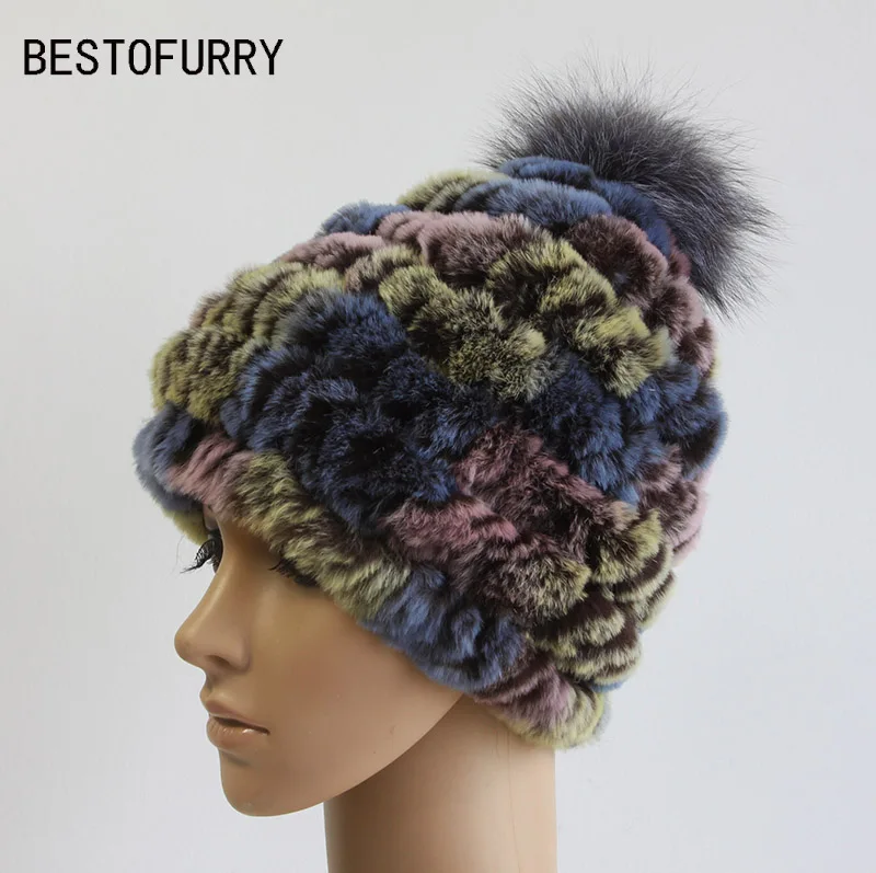 

Women Winter Real Rabbit Fur Knit Beret Hats Artist Hat Pom Pom FRH004