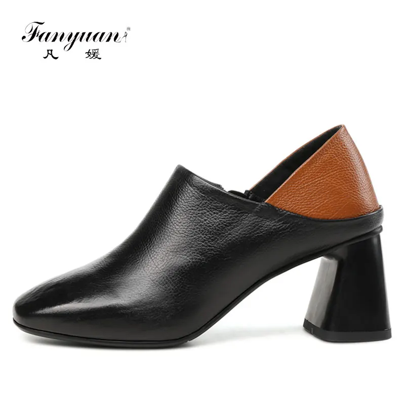 

Fanyuan 2018 Spring Autumn Concise Elegant Genuine Leather Deep Pumps Solid Zip High Heels Mixed Color Sewing Shoes Woman