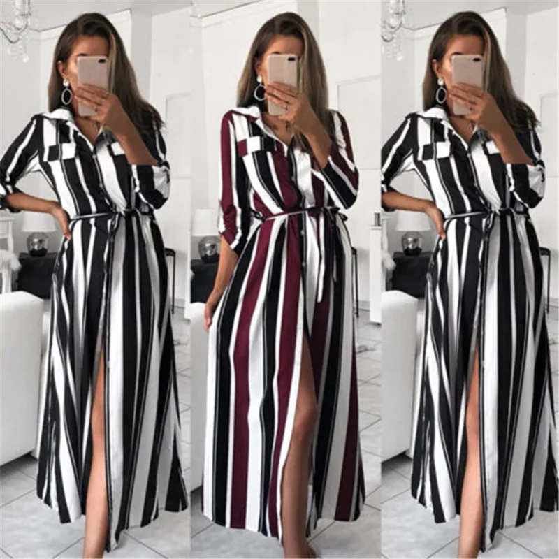 

Womens New V Neck Button Rainbow Stripe Summer Autumn Long Sleeve Boho Maxi Long Dress Loose Shirt Dress