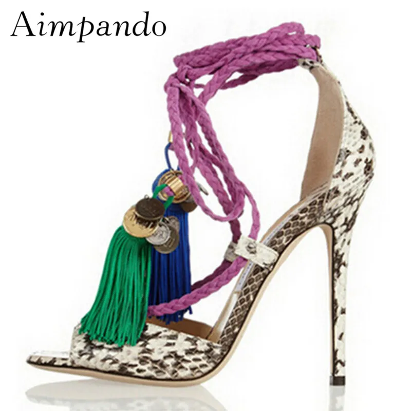 

Sexy Serpentine Open Toe Sandals Women Bohemian Style Colorful Fringe Wrap Thin High Heels Summer Sandalias Mujer