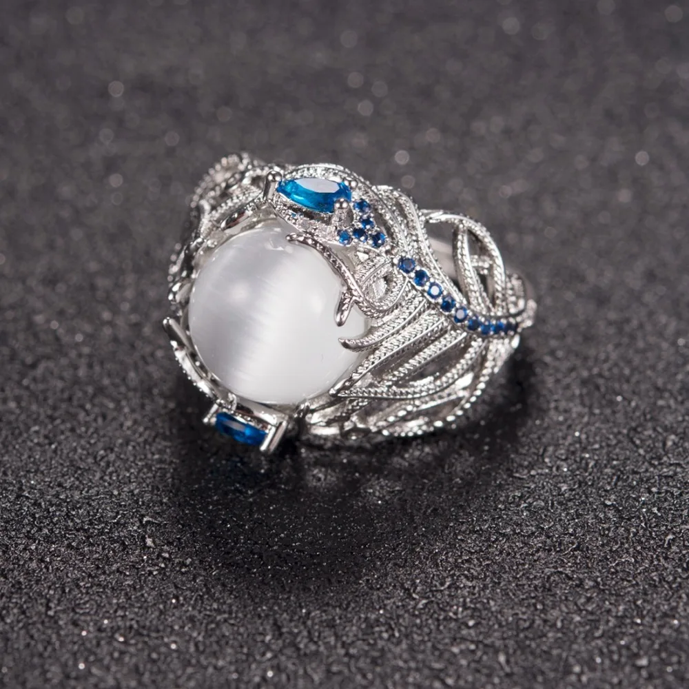 2018 Vintage Silver Hollow Natural Opal Cat Eye Rings Silver Feather Big Stone Rings for Women Fashion Jewelry