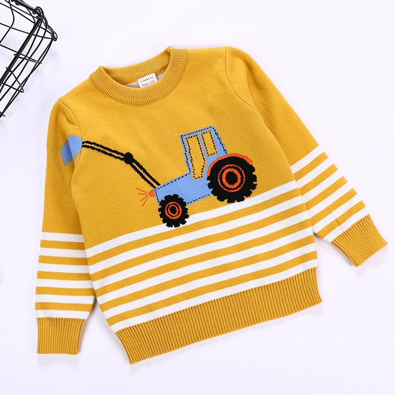 BINIDUCKLING 2019 Autumn Winter New Arrivals Baby Boys Sweater Children Clothes Car Cartoon Excavator Striped Pullover Sweaters