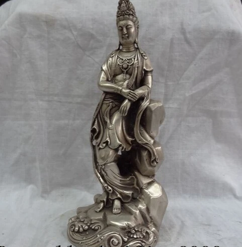 

dr606 10" China Buddhism Silver Standing Kwan-Yin QuanYin Buddha Brass Goddess Statue