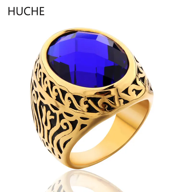 HUCHE Texture Floral Carved Stainless Steel Rings #8-12 Men Large Ring With Black/Sapphire Simulated Gemstone BR074/BR075