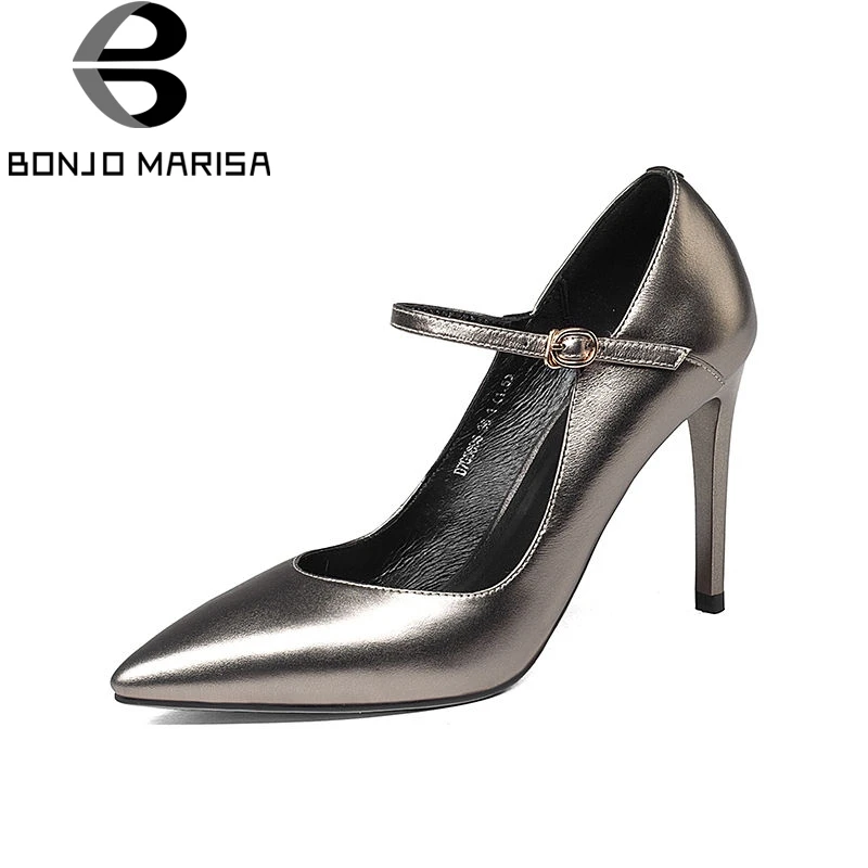 

BONJOMARISA 2019 Spring Autumn High Quality Metal Cow Leather Pumps Women Shallow High Heels Ol Shoes Woman Work Shoes 33-39