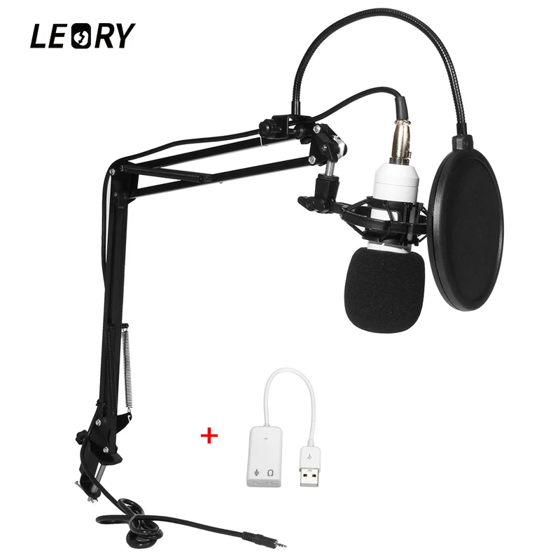 LEORY BM 800 караоке конденсатор с алюминиевой крышкой, конденсаторный микрофон+ 48V Phantom Мощность+ Звуковая карта с интерфейсом USB для ПК Запись Studio КТВ пение - Цвет: No 48V Power