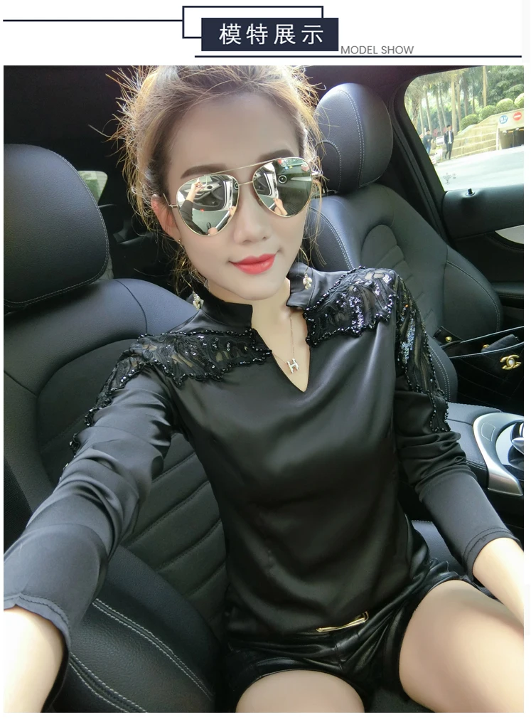 Черная футболка для женщин с v-образным вырезом и сетчатой аппликацией, Лоскутная кружевная вышивка с заклепками, бисероплетение, рубашка с длинными рукавами, топы для женщин, T96793