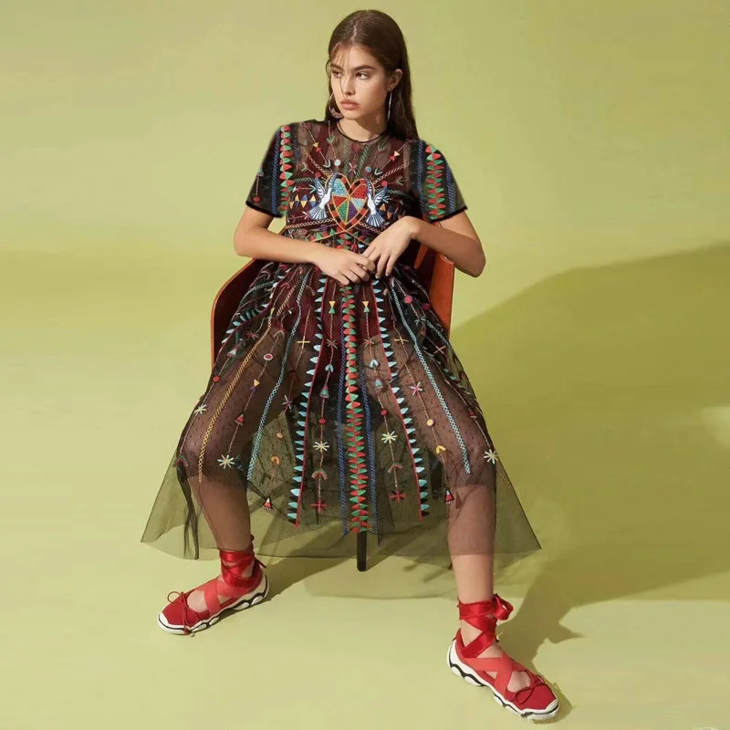 

Clothing 2019 Spring Summer New Heavy Industry Net Yarn Embroidery Round Collar Long Sleeve Holiday Long Temperament Dress