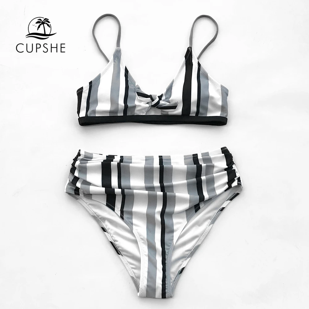 Günstig CUPSHE Tricolor Gestreiften Bikini Set Frauen Bowknot Hohe Taille Dreieck Bh Zwei Stücke Badeanzug 2020 Mädchen Strand Badeanzug