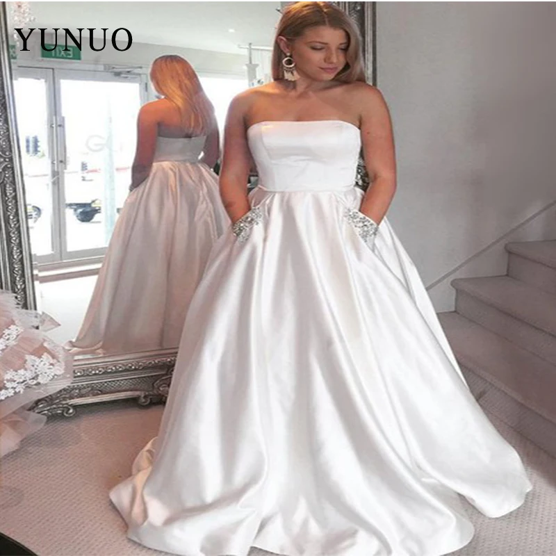 

Colorful Satin Backless A Line Strapless Pockets Evening Dresses 2019 Vestido De Festa Longo Floor Length Evening Dresss YN818