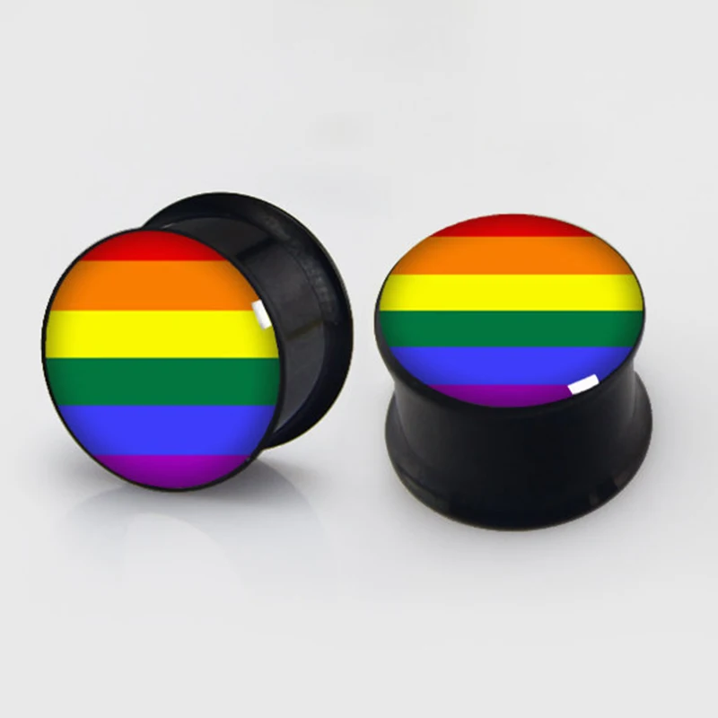2 pieces rainbow stripes plugs anodized black ear plug gauges steel