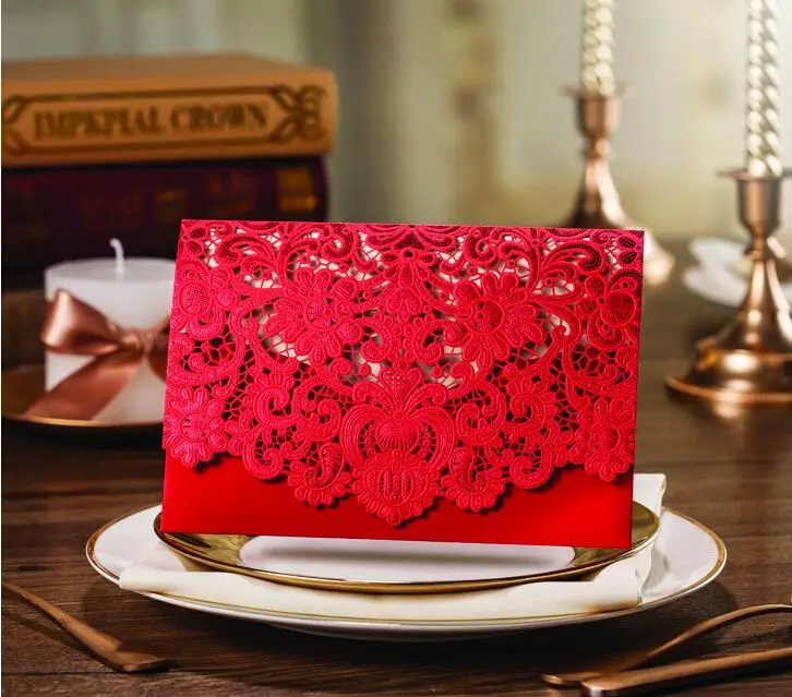 Personalized Elegant Floral Laser Cut Red flower design Wedding Invitation card 30SET/LOT Free Printing