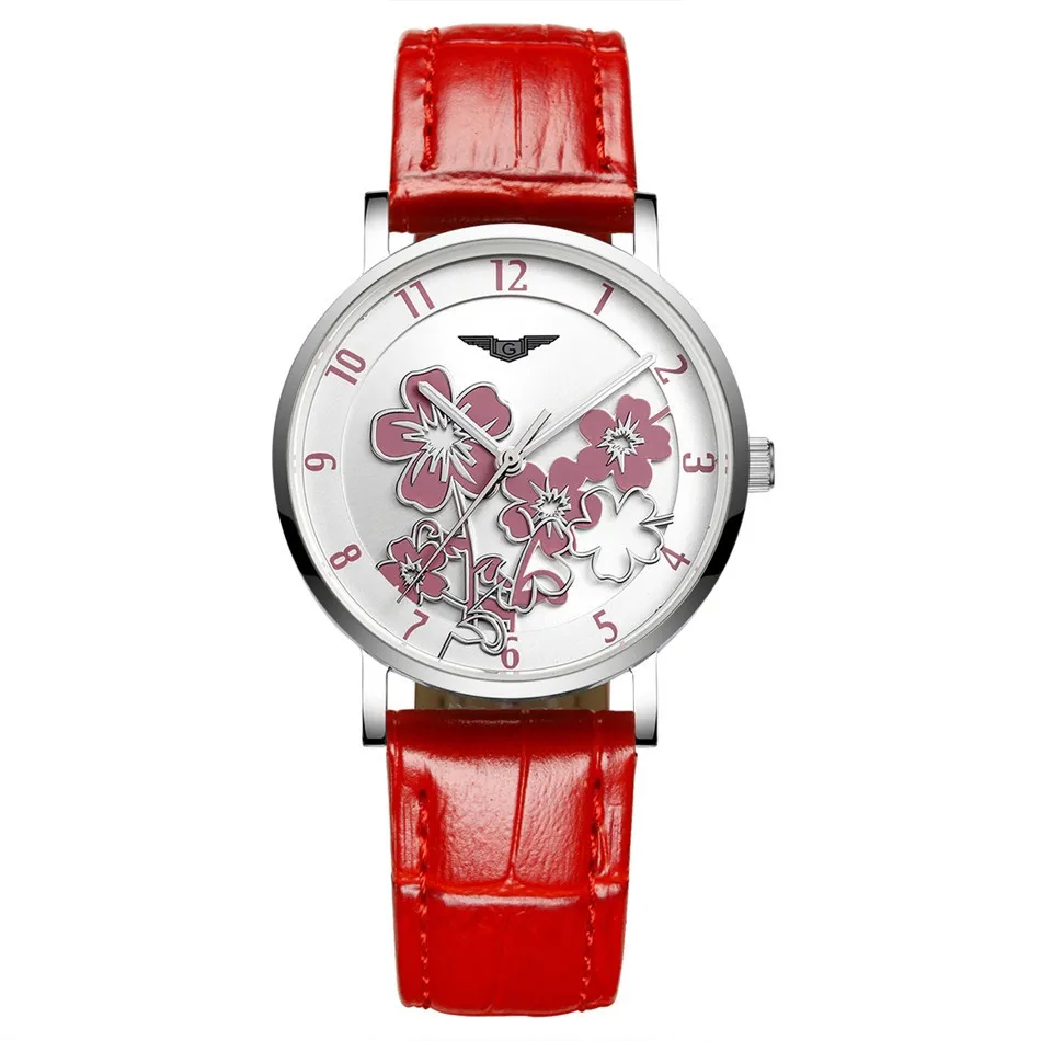 Watches Women Fashion Watch 2016 GUANQIN relogio feminino Luxury Flower Design Dial Quartz Watch Ladies Red Leather Wristwatch (4)