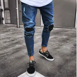Мужские синие джинсы Узкие рваные джинсы модные хип-хоп узкие джинсы-карандаш для мужчин высокие уличные Лоскутные Стрейчевые джинсы для