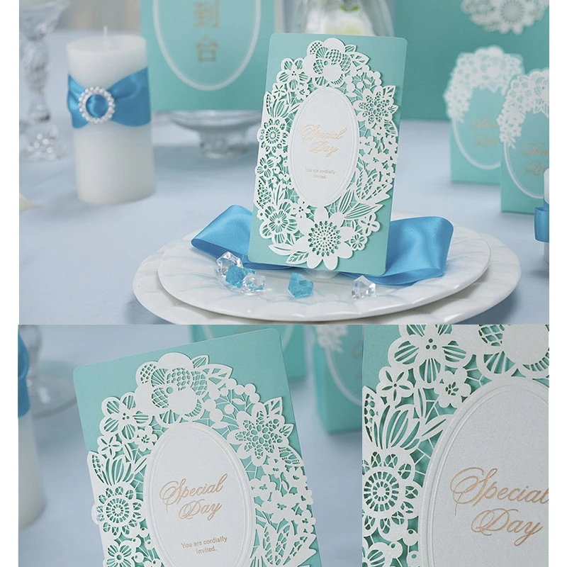 OLOEY Wedding Invitations Card 1pcs Blue Flower Laser Cut Hollow Personal Customized Printing Envelope Party Decoration | Дом и сад