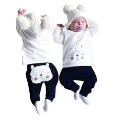 Комплект из 2 предметов для малышей, топ с длинными рукавами и рисунком медведя + штаны, комплект, комбинезон, рваные штаны, комплект одежды