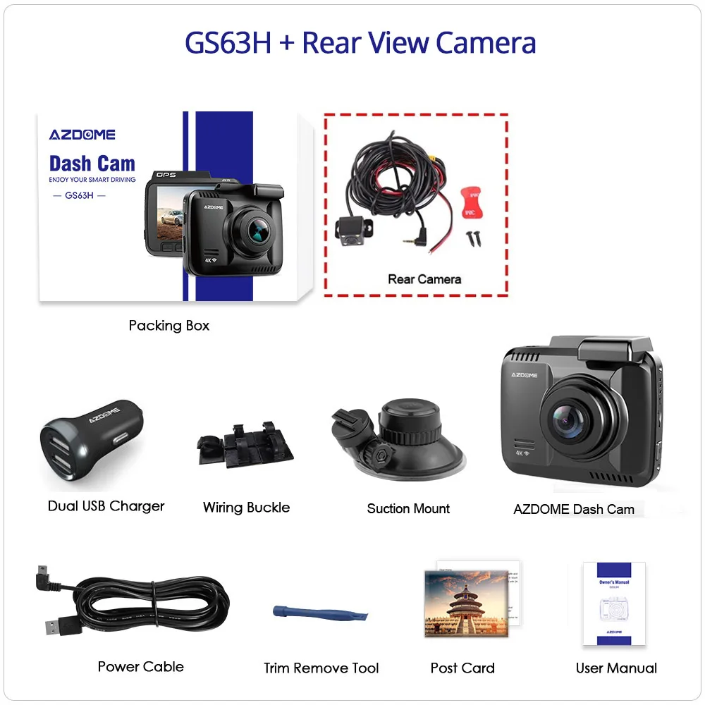 AZDOME GS63H 4K Встроенный gps WiFi видеорегистратор Двойной объектив Автомобильный видеорегистратор Камера заднего вида видеокамера видеорегистратор ночного видения - Название цвета: GS63H-RVC