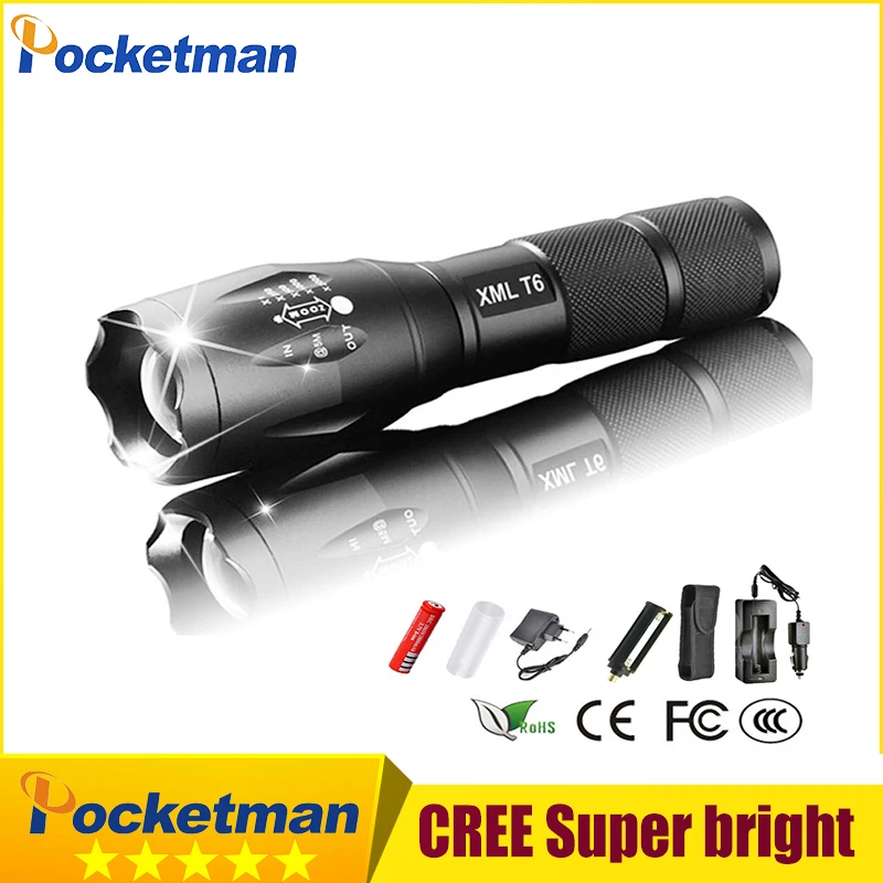

XML-T6 3000lm Adjustable Led Flashlight Led Torch Car Charger+Battery Charger+1*18650 Rechargeable Battery + Holster pouch z93