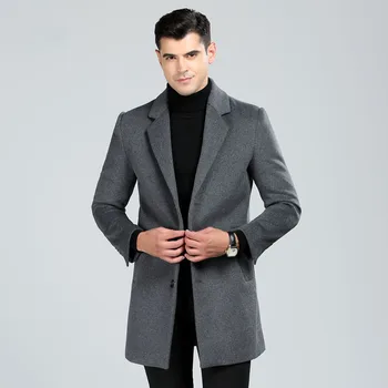 

Men's Long Trench Coat 2018 Autumn Winter New Slim Fit Single Breasted Wool Coat for Men Cashmere Pea Coat Jacket Abrigo Hombre