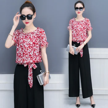 

black wide-legged pants & chiffon floral blouse top new 2018 summer two-piece outfit women casual clothing set bow outfit S-XXL