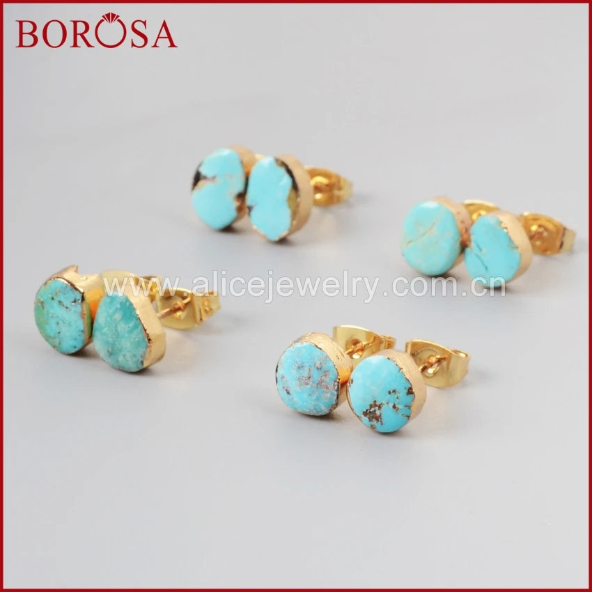 

BOROSA Blue Stone Studs 100% Natural Turquoises Howlite Studs Earrings Druzy Jewelry Gold Color Freeform Drusy Jewelry G1017
