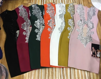 

Hot Ladies 7 Colors Sexy V Neck Rayon Bandage Dress 2018 Knitted Elastic Bodycon Party Dress