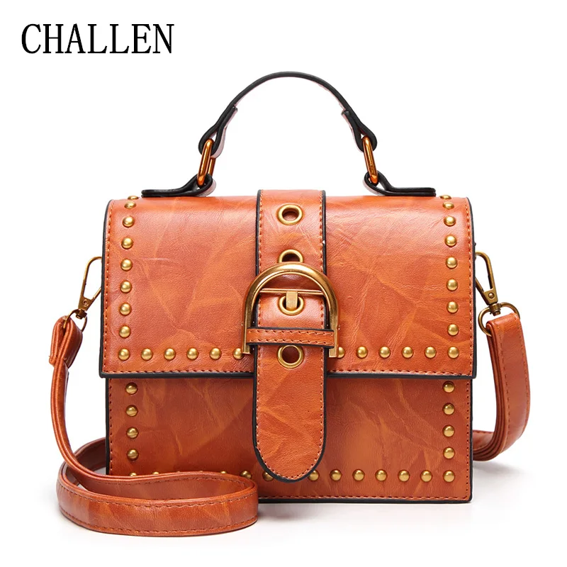 

Women's Handbag 2018 Belt Buckle Clasp Women Fashion Shoulder Leather Bags Vintage Wax Leather Fashion Rivets Small Square Bag