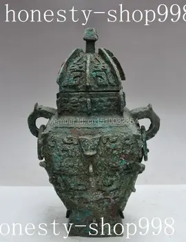 

13"Old Archaic Chinese Dynasty pure Bronze beast head statue Pot Jar Tanks Crock