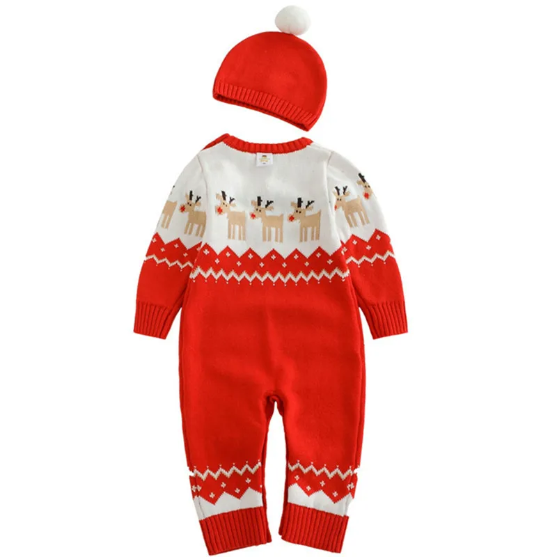 Autumn Winter Baby Hat Romper Suit Knitted Boy Girl Jumpsuit Clothing Layette Newborn Christmas Cotton Kids Clothes Rompers Set